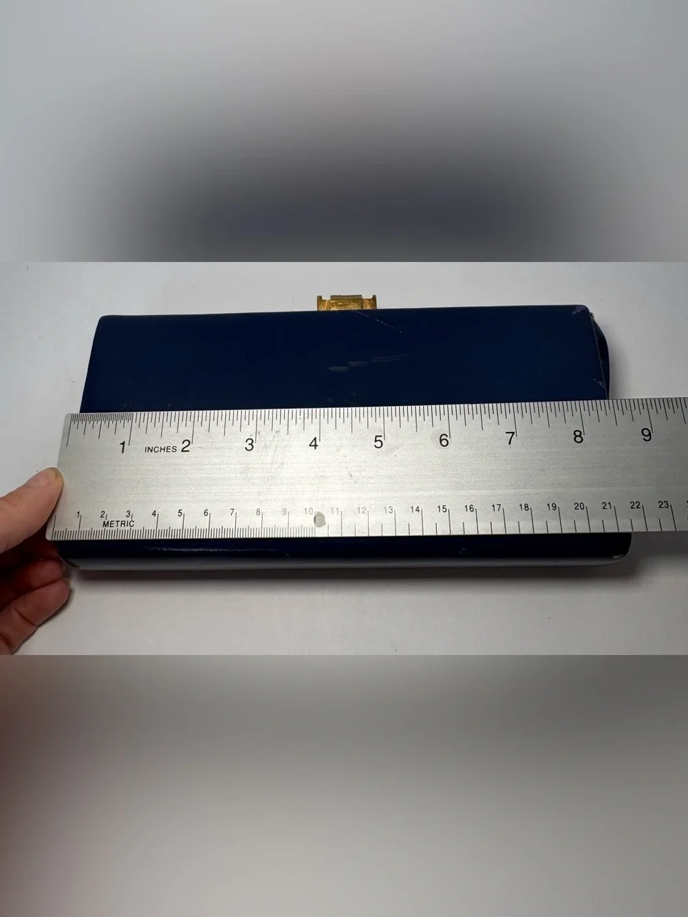 Vintage 1960s Elbief England Navy Blue Patent Box Clutch Bag Gold Clasp